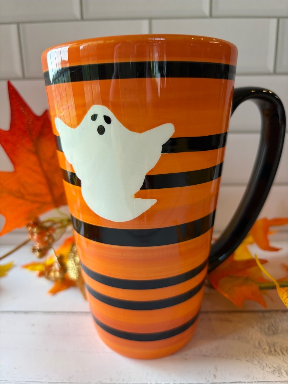 Halloween Ghost Orange & Black Striped Ceramic Coffee Mug